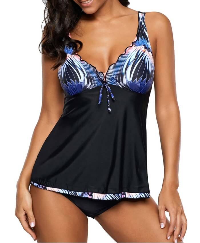 V Neck Printed Open Back Tankini Set